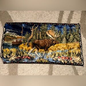 Vintage moose tapestry wall hanging wall decor velvet rug carpet wildlife cabin